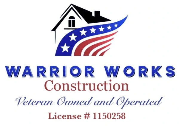 Logo with house with American flag draped over it and the name Warrior Works Construction underneath